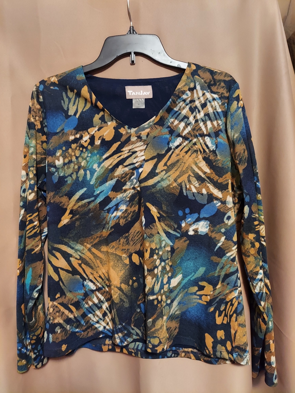 TanJay Women's Blue/Brown/Teal Abstract V-Neck Top